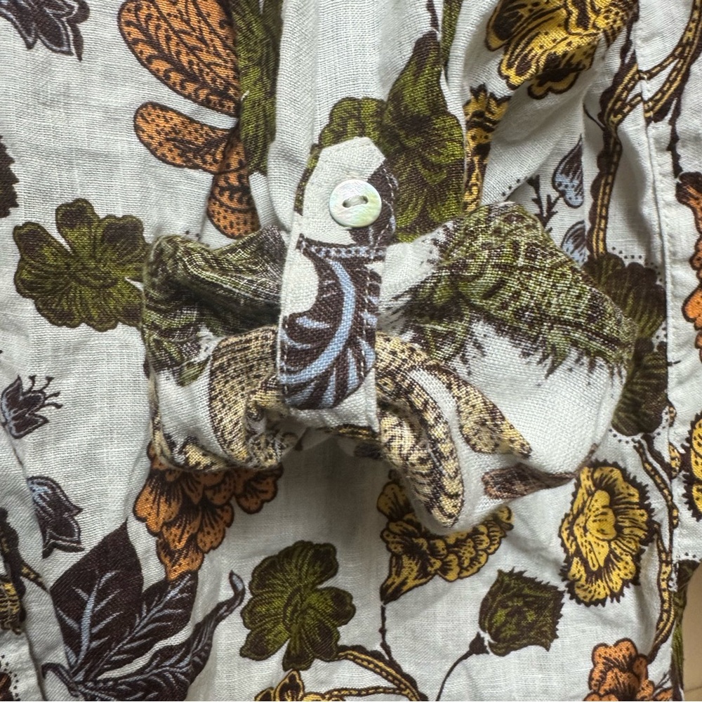 Nicole Miller Linen Blouse With Autumn Color Floral and Bird Pattern - Picture 5 of 5